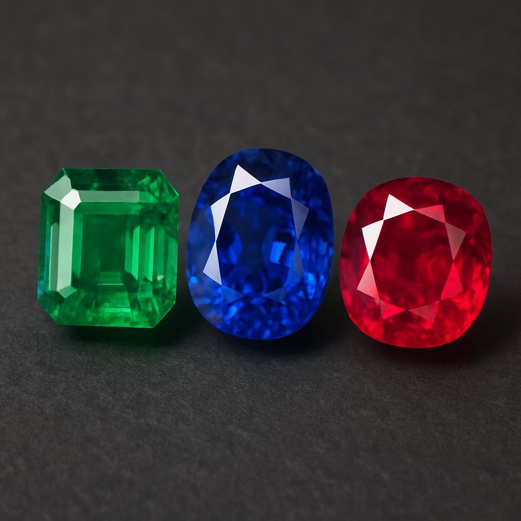 Premium jewelry materials including gold, silver, and gemstones